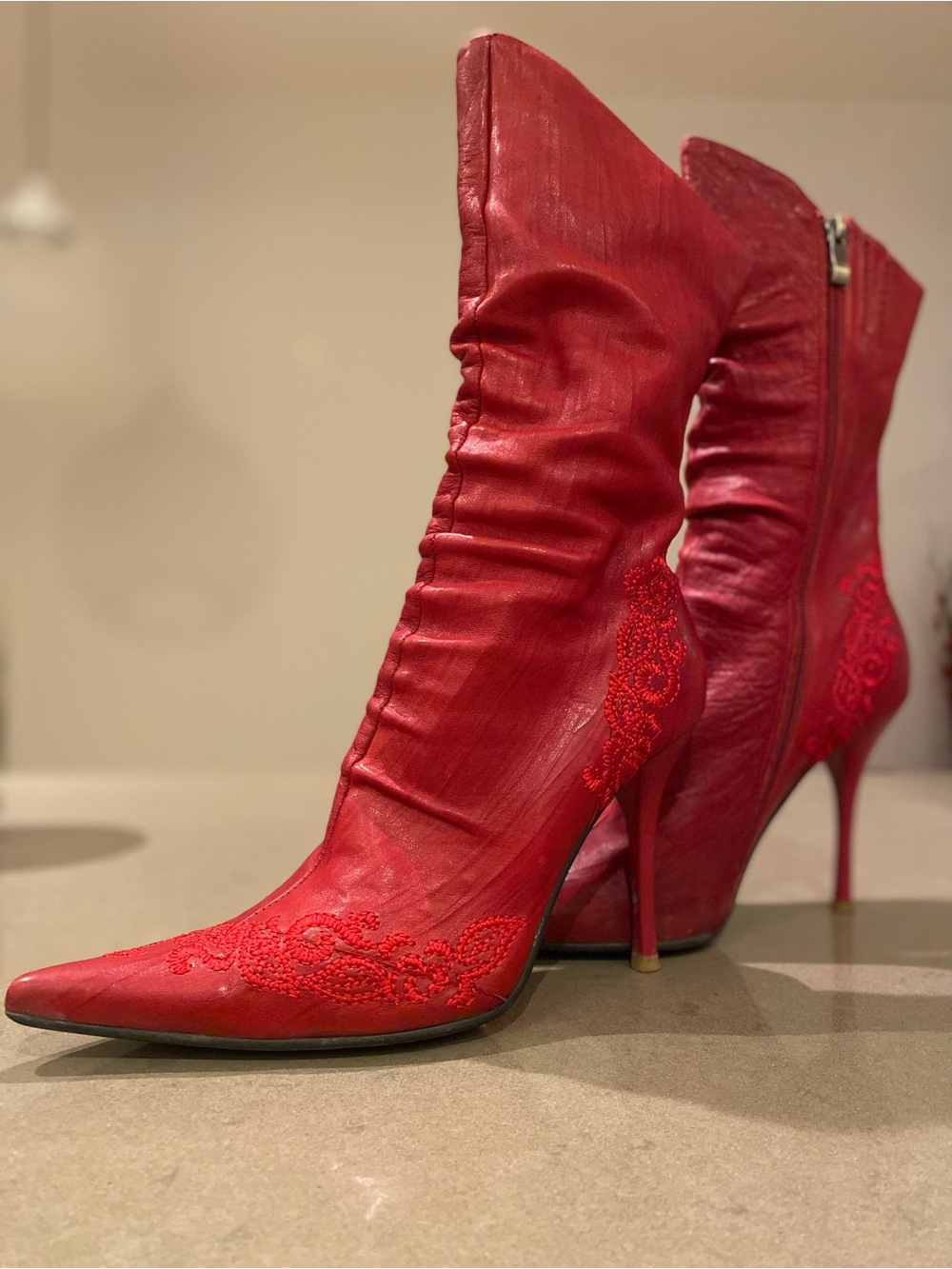 Leather with embroidery Red Pointed-Toe Stiletto Ankle Boots - Women's